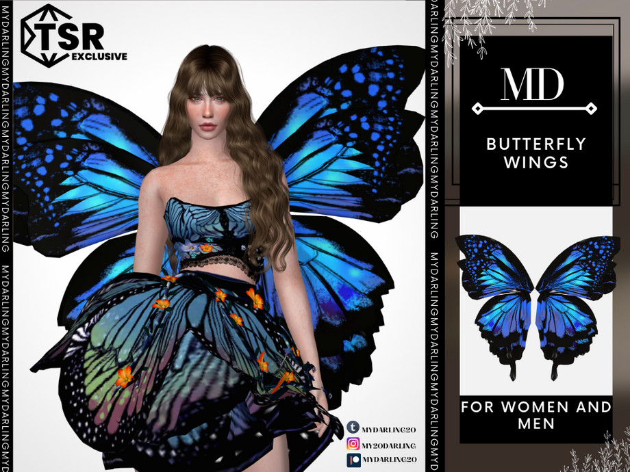 A sim wearing a full blue butterfly outfit with heavy butterfly themed wings. 