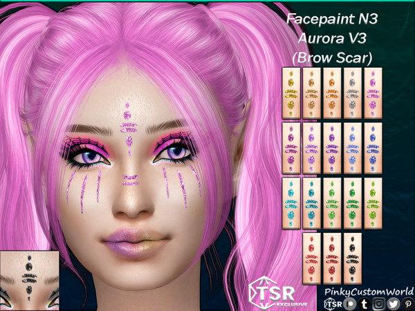 Sims 4 — Facepaint N3 - Aurora V3 (Brow Scar) by PinkyCustomWorld — Cybergoth inspired facepaint in several solid glitter