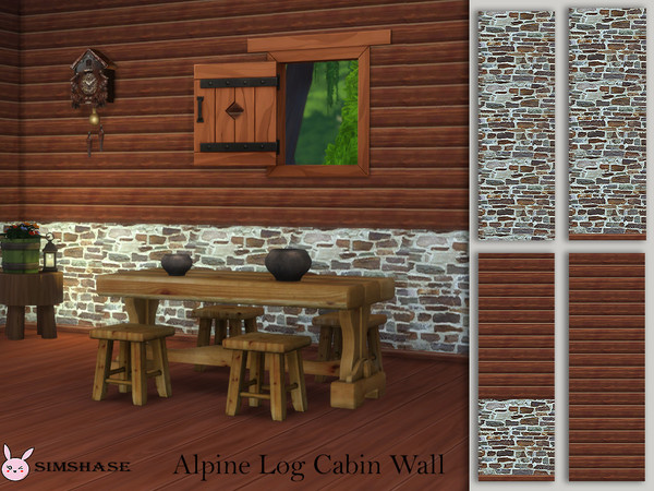 Sims 4 — Alpine Log Cabin Walls by Simshase2 — Four wood and stone walls for your log cabin.