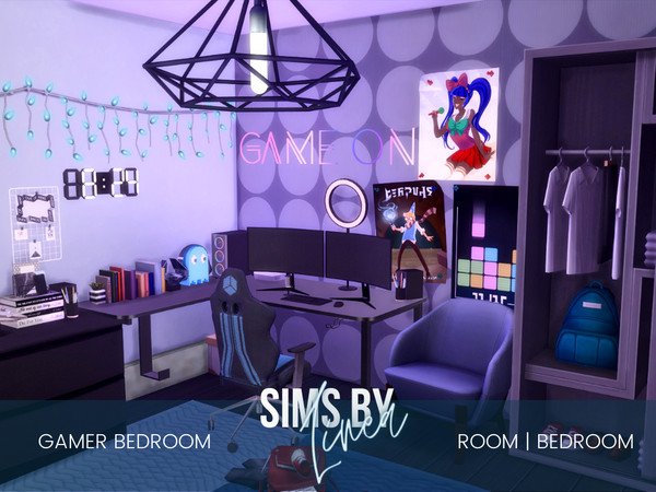 Sims 4 — Gamer Bedroom by SIMSBYLINEA — This teenage bedroom is filled with geeky props, expensive gaming gear and neon