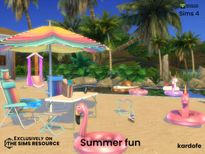 Sims 4 — Summer fun by kardofe — Set of objects to decorate a fun day at the beach, with table and chairs, umbrella,