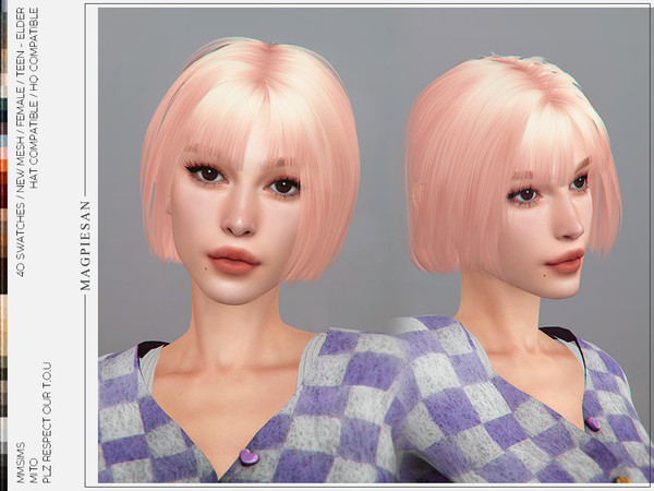 Sims 4 — [PATREON] Mito Hair by magpiesan — Bobbed hairstyle with bangs in 40 colors for Female. If you uncheck the