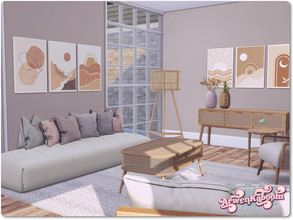 Sims 4 — Elna by ArwenKaboom — Woven cane themed living room in bright and dark colors. All objects are base game and you