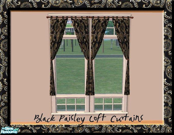 Sims 2 — Black Paisley Loft Curtains by jeni — Loft Curtains to match with Black Paisley Bedding. Cornerstone Curtains