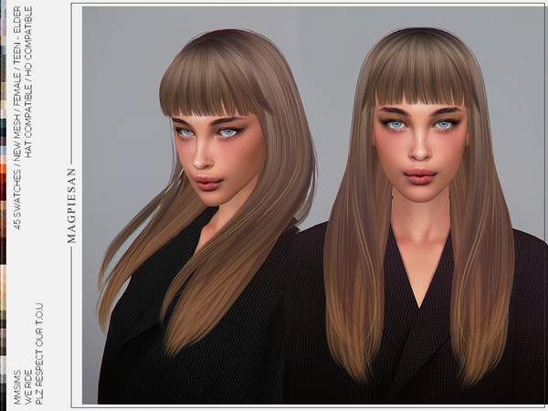 Sims 4 — [PATREON] We Ride Hair by magpiesan — Long straight hair with bangs in 45 colors for Female. HQ compatible and
