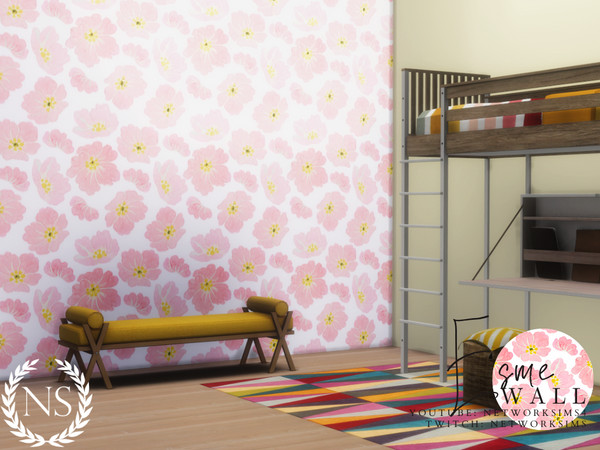 Sims 4 — Esme Wallpaper by networksims — A white and pink floral wallpaper.