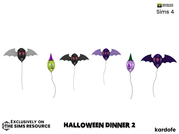 Sims 4 — Halloween Dinner_Balloons 2 by kardofe — Group of three decorative balloons, with bat and witch shapes, in two