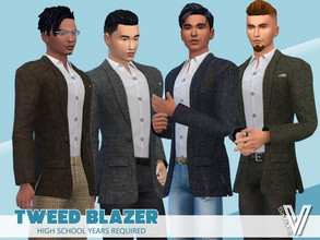 Sims 4 — Tweed Blazer HSY Redux by SimmieV — A simple tweed blazer with classic white button down. Eight tweed variations