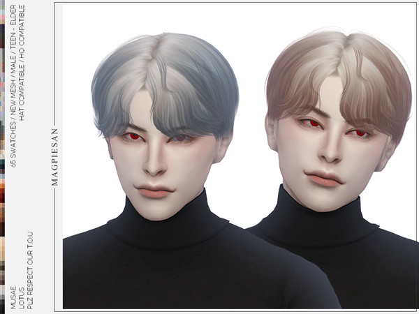 Sims 4 — [PATREON] Lotus Hair by magpiesan — Curly hairstyle in 65 colors for Male. HQ compatible and hat chops included.