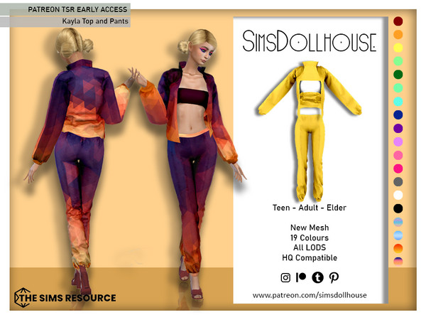 Sims 4 — [PATREON] Kayla Top and Pants by SimsDollhouse — Brightly coloured and patterned outfit with a crop top and
