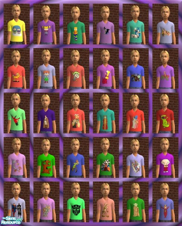 Sims 2 — Cartoon T-Shirts for Boys by sweetokie80 — A variety of cartoon characters on different colored tees for your
