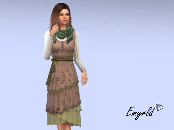 Sims 4 — Fairycore Cold Weather Dress (requires Realms of Magic) by Emyrld — fairycore pattern dress with green scarf