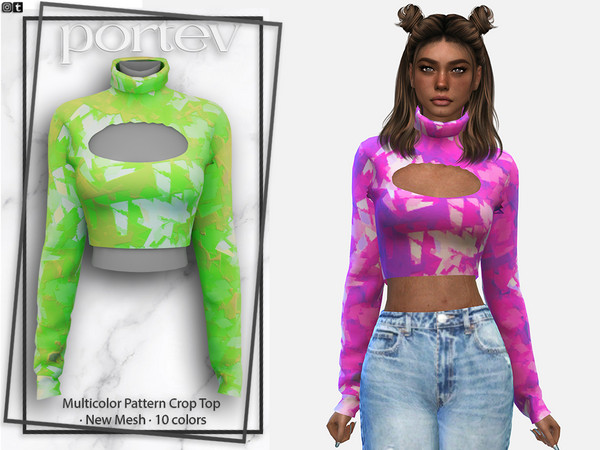 Sims 4 — Multicolor Pattern Crop Top by portev — New Mesh 10 colors All Lods For female Teen to Elder