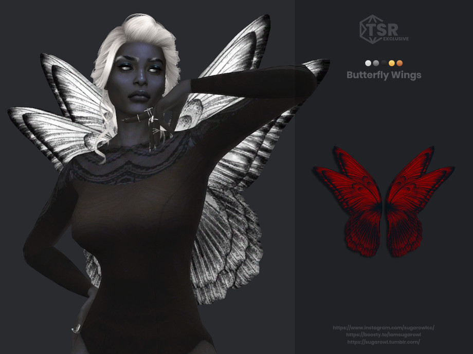 Halloween inspired white and red fairy wings worn by a sim in sims 4. 