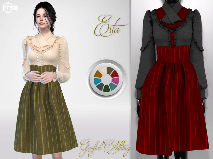 The Sims Resource - Esta - Vintage ruffled blouse and striped skirt