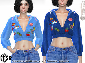 Sims 4 — Denim Patch Crop Hoodie by Harmonia — New Mesh All Lods 15 Swatches HQ Please do not use my textures. Please do