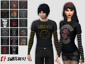 Sims 4 — Long Sleeve Rock Band T-Shirts by JaccBurke — 17 different designs of long sleeve t-shirts with 3 variations of