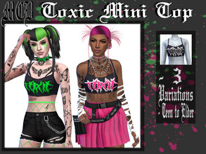 Sims 4 — Toxic Mini Top by MaruChanBe2 — Short black mini top with graphic text <3 3 variations. 