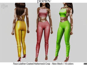 Sims 4 — Faux Leather Coated Halterneck Crop by portev — New Mesh 10 colors All Lods For female Teen to Elder