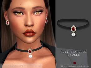 Sims 4 — Ruby Teardrop Choker by Glitterberryfly — A black velvet choker with a ruby and pearl pendant with diamonds set