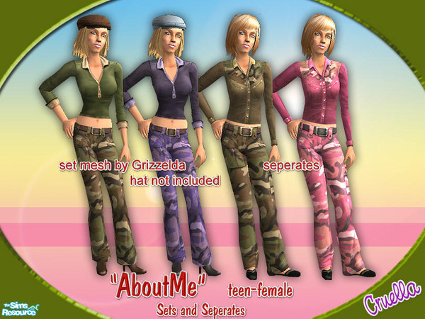 Sims 2 — am_TFAboutMe by Cruella — Teen female sets and seperates in camo. Set mesh by Grizzelda.