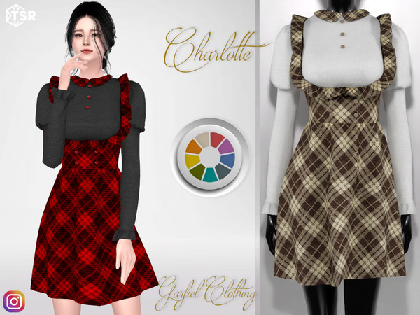 Sims 4 — Charlotte - Skirt with corset, plaid outfit by Garfiel — Shirt with ruffled sleeves and round collar, ruffled