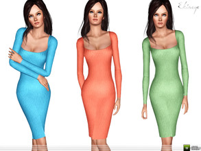 Sims 3 — Square Neck Ribbed Midi Dress by ekinege — A ribbed knit dress featuring a square neck, long sleeves and a midi