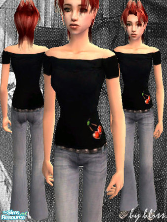 Sims 2 — cherries.  by bliss. — black casual shirt with cherry print, jeans, studded belt & converse chucks.