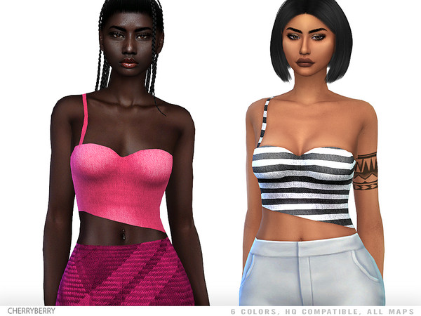 Sims 4 — Destiny - Top by CherryBerrySim — Asymmetric crop top with one spaghetti strap for female sims.