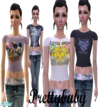 Sims 2 — Teen Set by pretty_baby — no mesh needed. skinny jeans with a shiny belt and print tops with mickey and minnie,