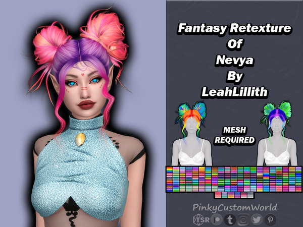Sims 4 — [PATREON] Fantasy Retexture of Nevya hair by LeahLillith by PinkyCustomWorld — Messy double bun up-do with wavy