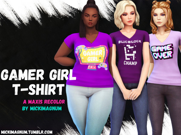 Sims 4 — Gamer Girl T-Shirt by mickimagnum — -Recolor of Maxis Base Game V-Neck T-Shirt -Designs & Color Palette by