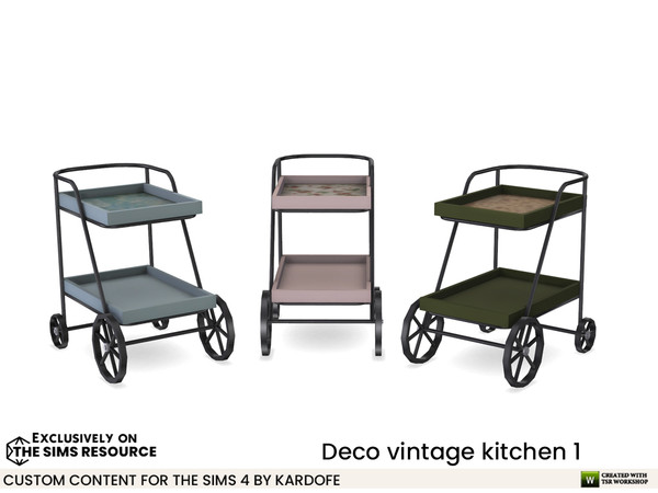 Sims 4 — Deco vintage kitchen Auxiliary trolley by kardofe — Wooden and metal trolley with vintage-style decorations on