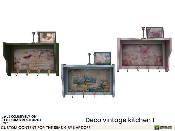 Sims 4 — Deco vintage kitchen Shelving by kardofe — Wall shelf with hangers and decorations on it, in three colour