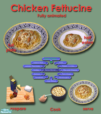 Sims 2 — Italian Cuisine - Fettuccine by Simaddict99 — Fettuccine Alfredo with grilled chicken breast. Requires 1