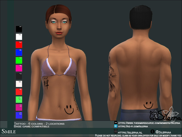 Sims 4 — Smile by Silerna — - Base game compatible - Tattoo - teen to elder - all genders - 2 locations - 6 colors -