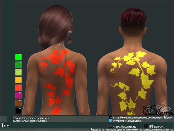 Sims 4 — Ivy by Silerna — - Base game compatible - Tattoo - teen to elder - all genders - Back - 8 colors - Please do not