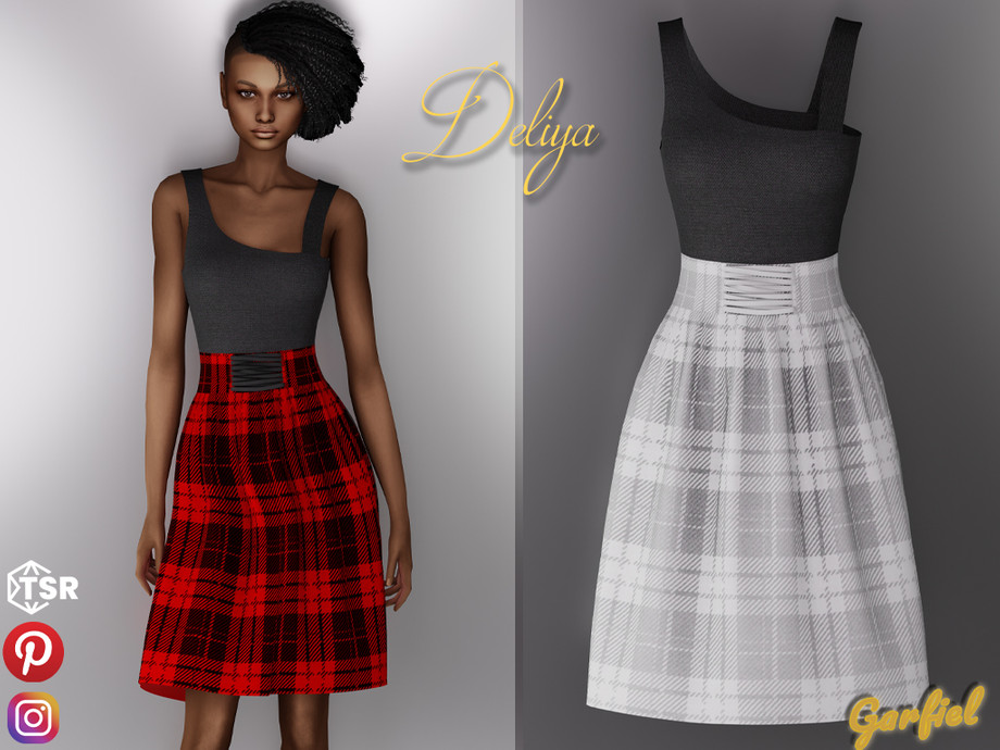 The Sims Resource - Deliya - Plaid tie skirt and asymmetric top