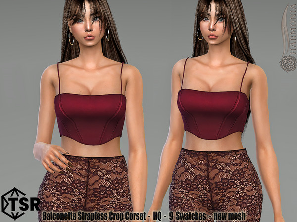 Sims 4 — Balconette Strapless Crop Corset by Harmonia — New Mesh 9 Swatches HQ Please do not use my textures. Please do