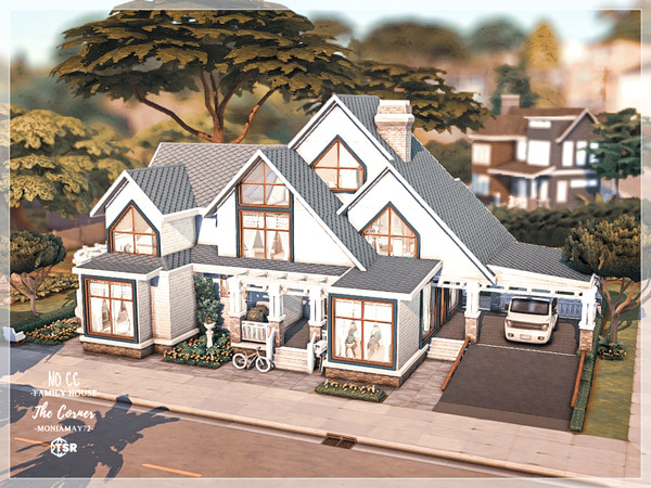 Sims 4 — The Corner House No CC Lot by Moniamay72 — This is a beautiful Family Home perfect for a family of 8. Lot size: