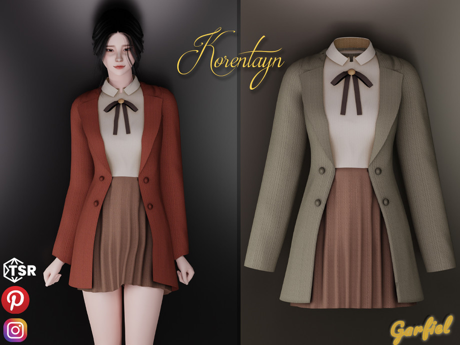 The Sims Resource - Korentayn - Coat, shirt with bow and accordion skirt