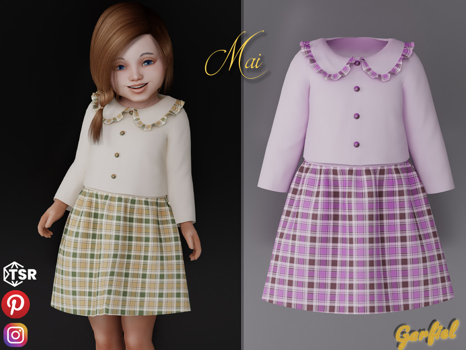 The Sims Resource - Mai - Plaid dress with ruffle collar