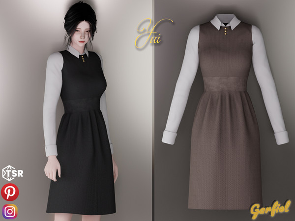 Sims 4 — Yui - Lovely vintage dress by Garfiel — Cute vintage dress with leather belt and shiny buttons