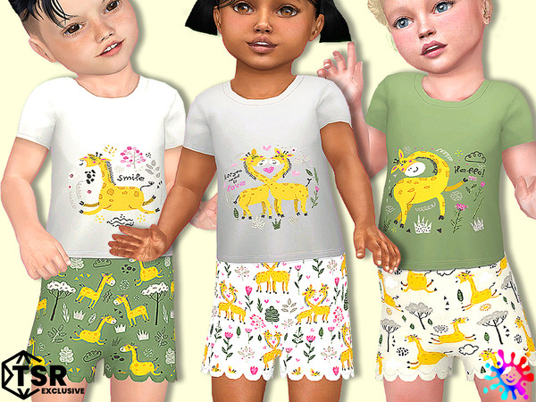 Sims 4 — Toddler Giraffe Pajamas - Needs Cottage Living by Pelineldis — Six cute pajamas with giraffe and jungle prints.