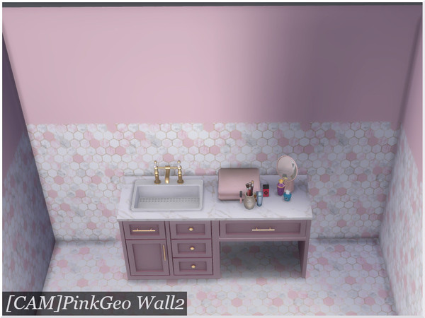 Sims 4 — PinkGeo Tile Wall2 by coll22 — A pink and white marbled geometric tiled wall.