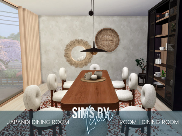 Sims 4 — Japandi Dining Room by SIMSBYLINEA — This elegant dining room is calm and earthy, with a mix of Japanese and