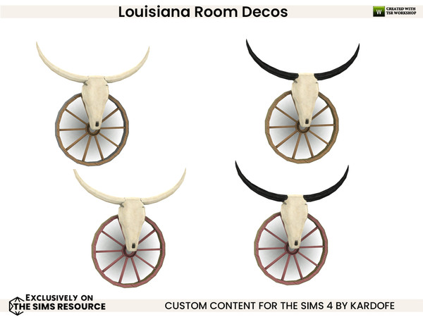 Sims 4 — Louisiana Room_Wagon wheel by kardofe — Wagon wheel and cow antlers, wall decoration, in four colour options