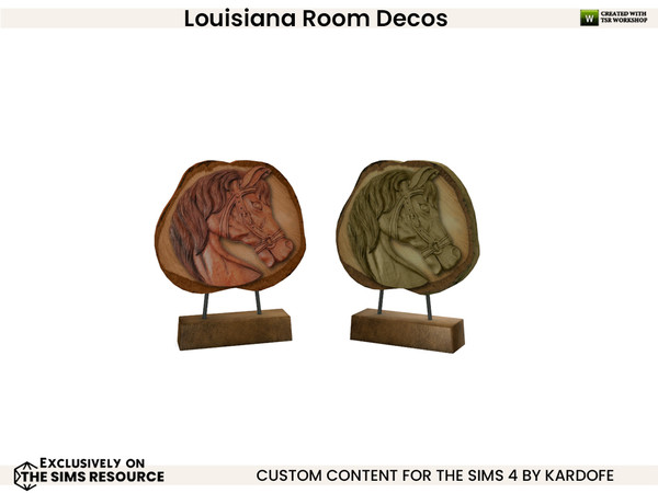 Sims 4 — Louisiana Room_Wood by kardofe — Wooden slice with a carved horse face, in two colour options