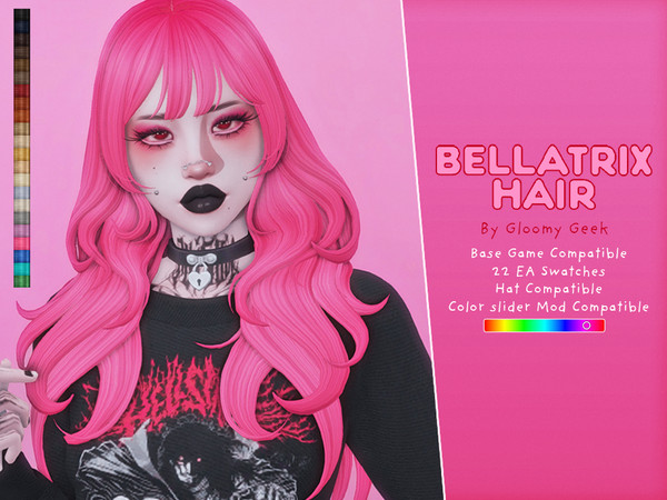 Sims 4 — Bellatrix Hair by gloomygeek — Layered loose waves with hime bangs. Base game compatible 22 EA Swatches Hat