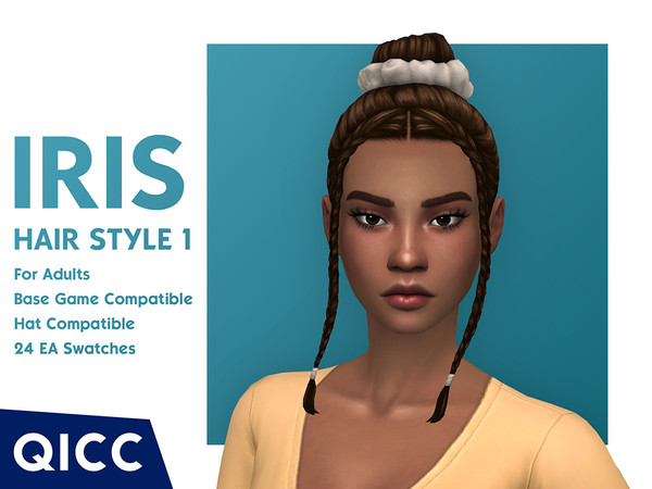Sims 4 — [QICC]Iris_Hair_Style_1.package by qicc — A high bun with a scrunchy and baby braids. - Maxis Match